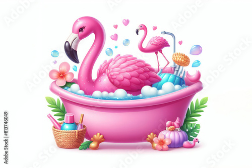 a pink flamingo in a bathtub on white background