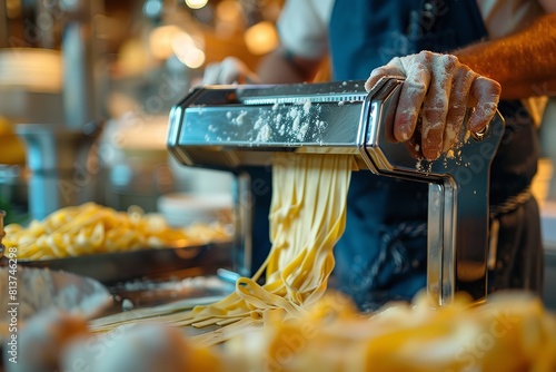 A close shot of an unrecognized man using pasta maker to make pasta with a big blurry backdrop and space for text or product advertisement, Generative AI.
