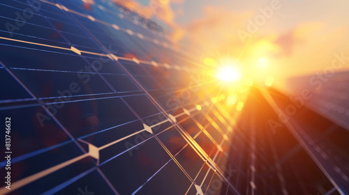 Closeup on a solar panel with sunlight reflecting, representing renewable energy solutions for global warming