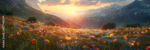 Serene Sunrise Over Alpine Meadow Vibrant Wildflowers Grasses Illuminated by Dawn Photo Realistic Concept of Tranquil Alpine Landscape