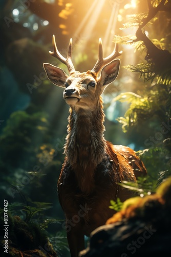 A detailed closeup of wild animals in a forest, focusing on the play of light and shadow on their bodies and surroundings
