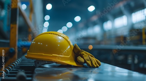 A hard hat and gloves placed on a metal table, ready for use in a construction or industrial setting.