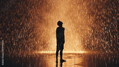 Stark silhouette of a person standing in the rain, head tilted upward, capturing a moment of surrender to overwhelming feelings
