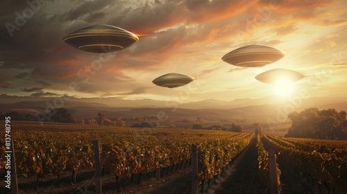 UFOs performing an aerial dance above a vineyard during harvest season