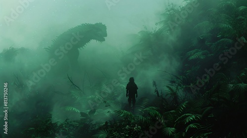 A woman standing in front of a large dinosaur in the jungle