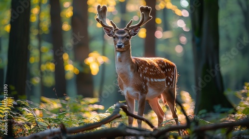 A portrait of deer among woods with a big blurry backdrop with big space for text or product advertisement purpose, Generative AI.