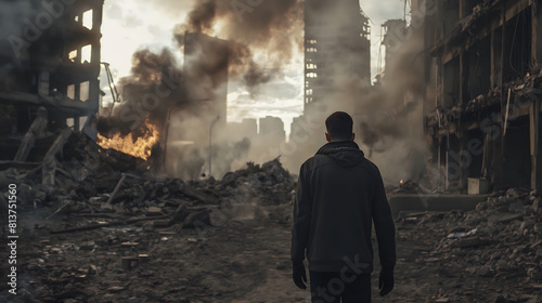 A somber image of a man facing a catastrophic urban disaster, with fire and smoke overtaking the buildings, highlighting the severity and impact of such events