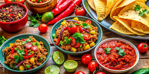 Feast your eyes on a vibrant Mexican spread featuring classic dishes like chili con carne tacos tangy tomato salsa and crispy corn chips with creamy guacamole The colorful tableau is beauti