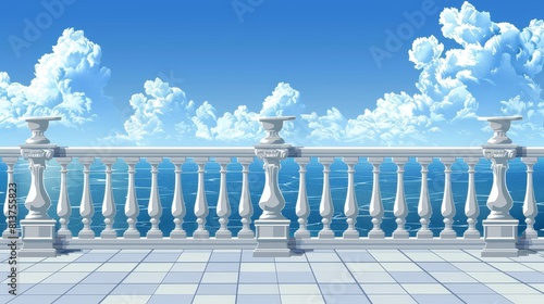 A white marble balustrade on the balcony with a tiled floor and an ocean view. A stone handrail in classical Roman style on the terrace or seafront. A modern realistic landscape with a baroque