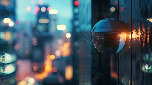 A CCTV security camera in focus against a blurred backdrop of illuminated city buildings at dusk. 