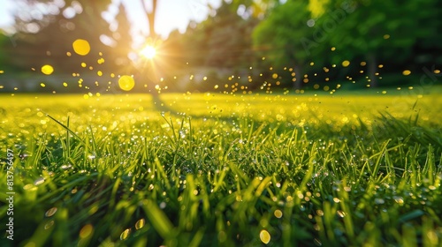 A field of grass with a bright sun shining on it. The sun is casting a warm glow on the grass, making it look inviting and peaceful
