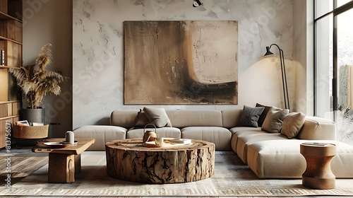 A beautiful living room with modern interior design wooden furniture and large abstract painting on the wall light brown sofa round coffee table 
