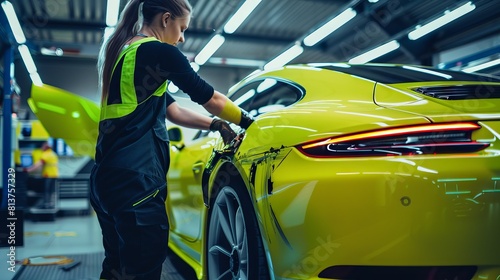 A woman car wrapping specialist at work, car polishing, detailing, wrapping a sports car 