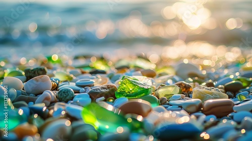 Colorful gemstones on a beach. Polish textured sea glass and stones on the seashore. Green, blue shiny glass with multi-colored sea pebbles close-up. 