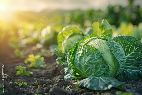 A large head of cabbage is growing in a field. The cabbage is surrounded by other plants and the sky is in the background