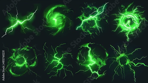 Glowing green lightnings. Electric storm, power thunder lightening glow effect magical circle energy neon light glowing cracks electrician thunderbolt, garish vector illustration 