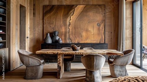 A dining table made of rough wood a large wooden painting on the wall behind it and three chairs with soft armrests 