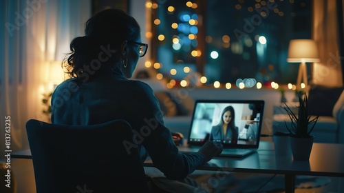 Back view of business woman talking to her colleagues about plan in video conference Multiethnic business team using laptop for a online meeting in video call Group of people smart wor : Generative AI