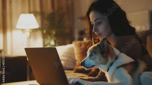 Businesswoman working on laptop computer sitting at home with a dog pet and managing her business via home office during Coronavirus or Covid19 quarantine : Generative AI