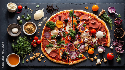 A pizza cut into 6 slices with various toppings including cheese, pepperoni, olives, and tomatoes. The pizza is on a black stone slab with various spices and other ingredients scattered around it.