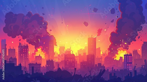 Modern illustration of a city on fire, a burning city scene, an abandoned building in flames, a war scene destroyed by fire. Apocalypse UI animations with 2d animation, fires and smoke.