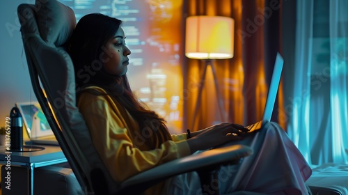 Concentrated young indian ethnicity woman sitting in comfortable adjustable ergonomic armchair with lumbar support studying or working on computer in modern home office distant workday : Generative AI