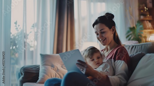 Smiling mom working at home with her child on the sofa while writing an email Young woman working from home while in quarantine isolation during the Covid19 health crisis : Generative AI
