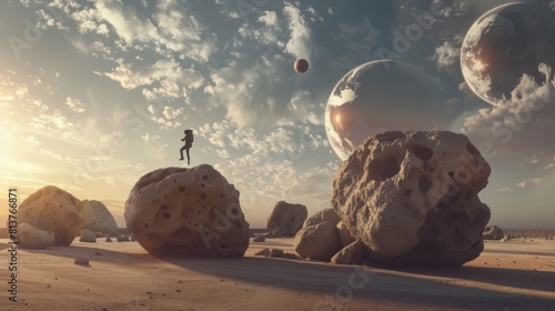 A figure stands atop a large boulder in a surreal desert landscape with floating rocks and multiple planets looming in the sky.