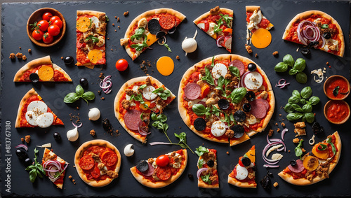 A pizza cut into 6 slices with various toppings including cheese, pepperoni, olives, and tomatoes. The pizza is on a black stone slab with various spices and other ingredients scattered around it.