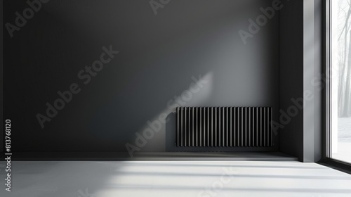 Home radiator on the wall. Interior of a modern room with a black heater. Central heating in the house. Gray wall with sunlight.
