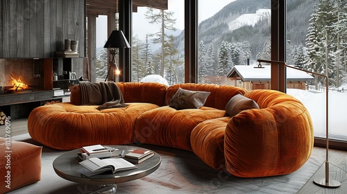  A spacious living room adorned with furnishings and a crackling fireplace amidst serene snow-capped mountain views