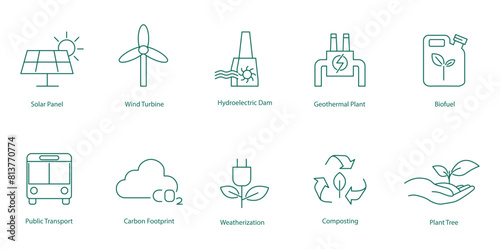 Vector Icons of Renewable Energy and Sustainable Environmental Practices