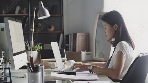 A modern professional workspace with a stylish Asian woman engrossed in her work