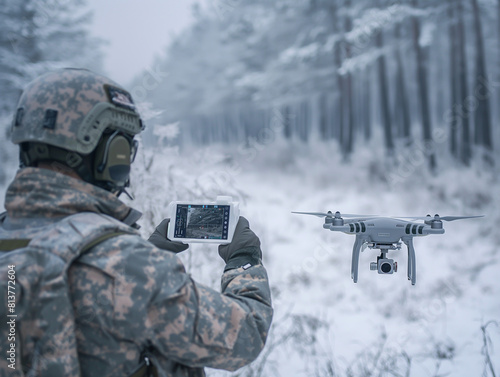 Soldier in winter camouflage uniform flying drone in snowy forest