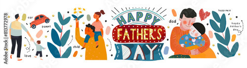 Happy Father's Day. Vector cute stylized abstract isolated illustration on white background of dad and baby sitting on shoulders, portrait, walking family, logo, car for greeting card, postcard, icon,