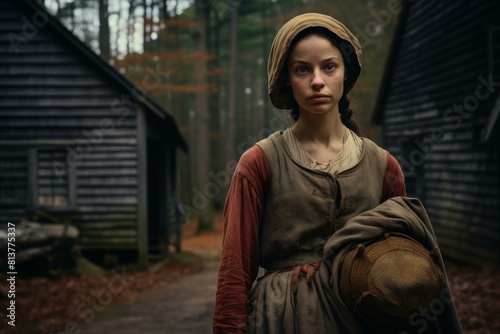 Young woman in colonial dress holds a woven basket, evoking a bygone era in a historic setting