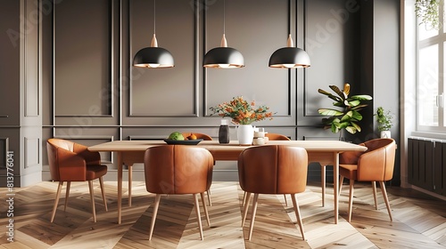 A Scandinavian dining room with an oak table and chairs in orange leather and pendant lights hanging from the ceiling. 