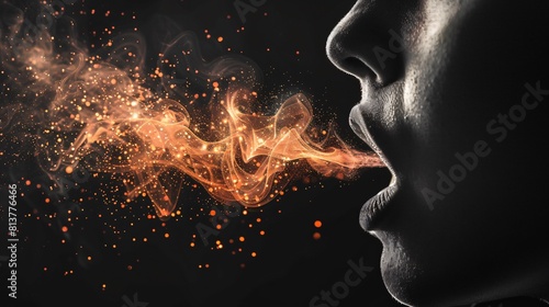a person spitting water and smoke out of their mouth.