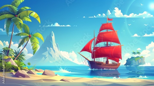 Illustration of a wooden ship with red sails floating in an oceanscape with palm trees, a tropical island and a calm seascape, cartoon modern illustration. An ancient galleon sailboat or caravel on a