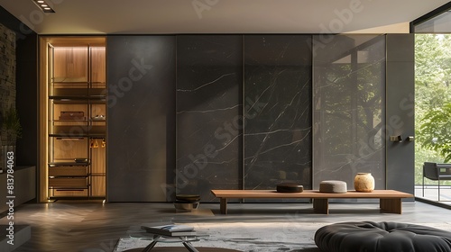 Modern wardrobe with sliding doors grey marble patterned glass on the right side and oak wood panels on both sides 