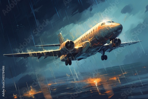 Artistic depiction of a jet airliner soaring amidst heavy rain and dramatic lighting