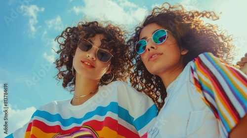 Close-up portrait of two attractive girls with long hair posing to the camera in city. They wear summer clothes, pride flag t-shirt and sunglasses. 