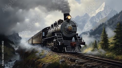 A steam locomotive chugging through the mountains