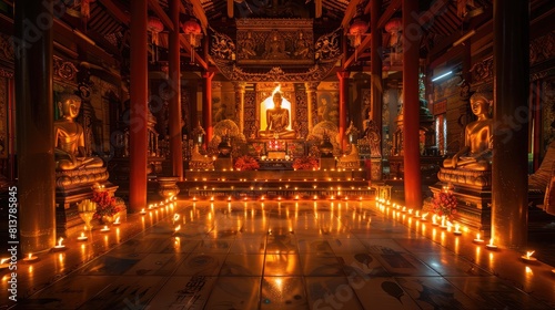 Temple interior illuminated by candlelight, creating a serene atmosphere for Buddhist holy day observances.