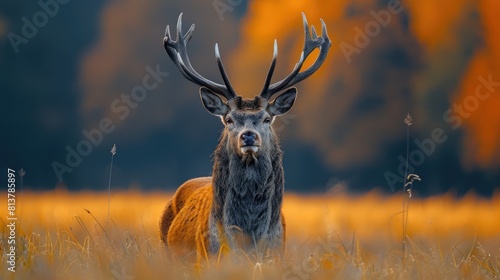 Red deer (Cervus elaphus) on a snowy meadow; Bavaria, Germany Generative AI