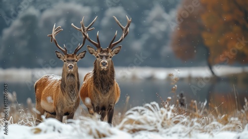 Red deer (Cervus elaphus) on a snowy meadow; Bavaria, Germany Generative AI