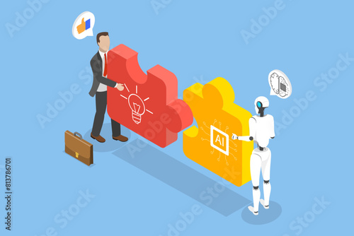 3D Isometric Flat Vector Illustration of Human and AI Working Together, Artificial Intelligence Collaboration
