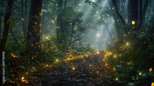 Enchanted forest with magical fireflies, great for fantasy-themed events and whimsical product