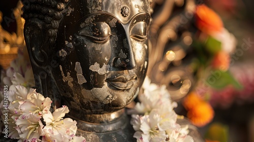 Close-up of a Buddha statue adorned with garlands of jasmine flowers, marking auspicious Buddhist occasions.