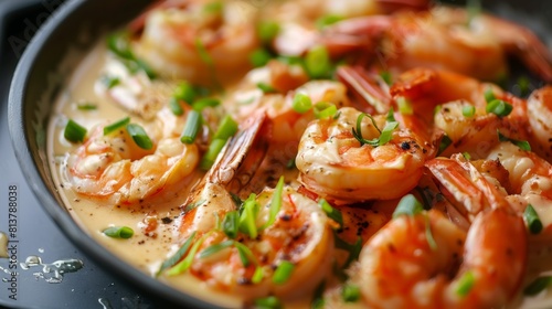 American cuisine. Shrimp with tequila, cream and green onions. 